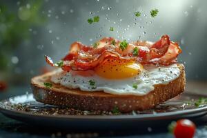 Parsley and pepper falling on toast with fried egg and bacon photo