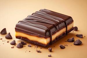 Delicious chocolate bar with caramel filling floating on a warm background photo