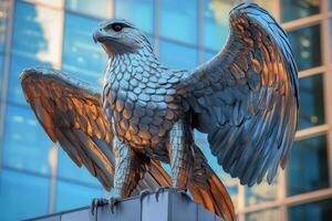 Majestic metal eagle statue spreading its wings in urban setting photo
