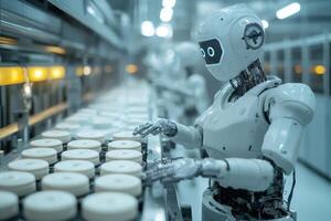 Humanoid robot working on assembly line in a futuristic factory photo