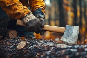 Lumberjack chopping wood with axe in forest during autumn photo