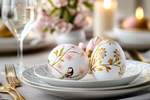 Easter eggs decorated with gold and pink flowers resting on elegant table setting photo
