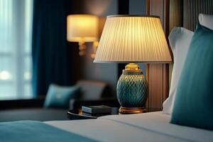Elegant lit table lamp illuminating luxury hotel room interior photo
