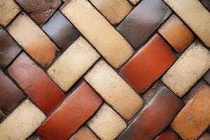Herringbone pattern of multicolored clay bricks creating textured surface photo