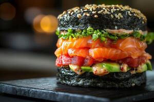 Delicious sushi burger with salmon, tuna, avocado and sesame seeds layered on crispy nori bun photo