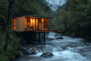 Cozy wooden cabin inspiring tranquility overlooking a flowing river in a forest photo