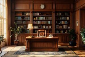 Sunlight illuminating classic home office with large bookcase and desk photo