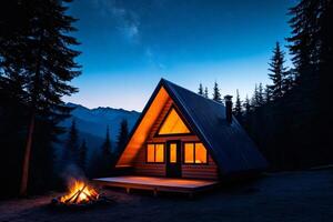 Cozy a frame cabin glowing under milky way in the mountains at night photo