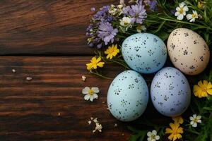 Easter eggs with spring flowers resting on rustic wooden table.. photo