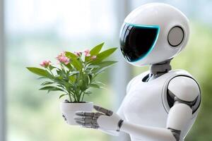 Humanoid robot holding potted plant, exploring the future of botany and robotics photo