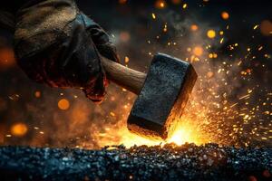 Blacksmith striking metal with hammer creating sparks in the forge photo