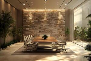 Modern conference room with stone wall and plants creating relaxing atmosphere photo
