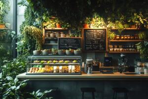 Modern coffee shop counter displaying delicious pastries and beverages in a botanical setting photo
