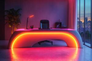 Modern office desk with neon lights illuminating workspace at night photo