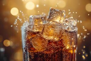 Ice cubes splashing into glass of sparkling soda with golden bokeh background photo