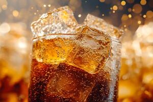 Refreshing fizzy cola with ice cubes splashing on golden bokeh background photo