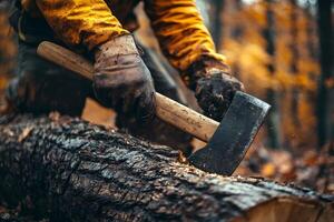 Lumberjack chopping wood with axe in forest during autumn. photo