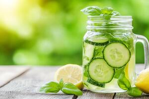 Refreshing summer drink with cucumber, lemon and basil in a mason jar photo