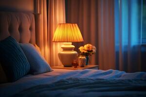 iluminado lámpara en mesita de noche creando acogedor ambiente en dormitorio foto