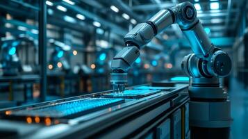 Robotic arm working on assembly line in modern factory. photo