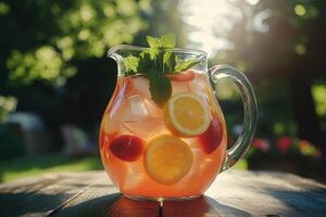 Refreshing summer drink with fruit and ice in a glass pitcher on a wooden table photo