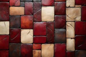 Red and beige rustic tiles creating a checkered pattern on a wall photo