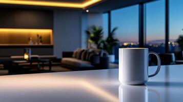 White mug stands on table in modern apartment at dusk with city view photo