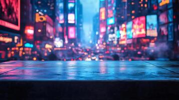 Empty table reflecting neon lights in times square at night photo