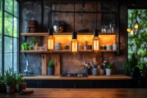 Warm and inviting kitchen illuminated by edison bulbs, creating a cozy atmosphere photo
