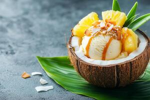 Vanilla ice cream with pineapple and caramel topping served in coconut shell on tropical leaf photo