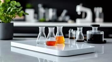 Laboratory flasks containing liquid chemical samples are placed on a white surface photo