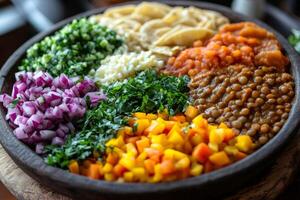 Ingredients for vegetarian buddha bowl with chopped vegetables, hummus, and lentils displayed on rustic wooden plate photo