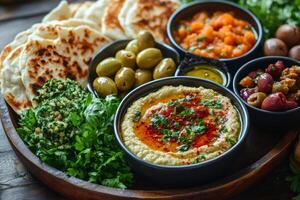 Wooden tray presenting hummus, pita bread, olives, and various dips, creating a vibrant mediterranean mezze platter photo