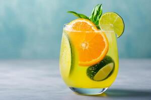 Refreshing summer drink with lime, orange and basil on turquoise background photo