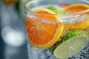 Refreshing citrus drink with sparkling water and ice photo