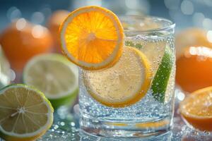 Refreshing citrus drink with lemon, lime, and orange slices in sparkling water photo