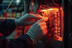 Technician connecting wires to illuminated circuit board in server room photo