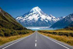 Road leading to mount cook and hooker lake in mount cook national park, new zealand photo