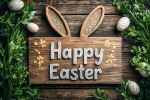 Happy easter sign with bunny ears, eggs and greenery on rustic wooden background photo