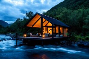 Modern cabin illuminated at twilight by rushing river in tranquil forest photo