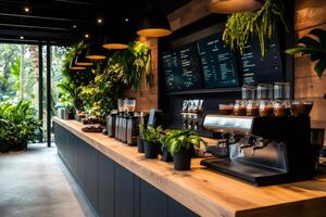 Modern coffee shop counter displaying espresso machine and digital menu boards with lush greenery photo