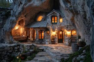 Cozy stone house built into a mountain cave at dusk, showing rustic charm photo