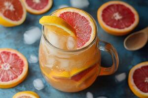 Refreshing grapefruit and orange summer drink with ice in a glass pitcher photo