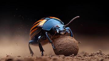 Dung beetle pushing ball of dung in the desert photo