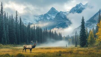 Majestic elk standing in a misty valley with snowy mountains and pine trees photo