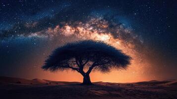Lonely tree standing in desert under milky way galaxy at night photo