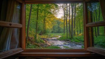 Open window overlooking lush green forest and flowing river photo