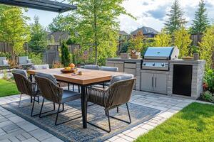 Modern backyard patio featuring dining area and outdoor kitchen with built in grill photo