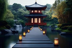 Wooden walkway with lanterns illuminating path to pagoda in a beautiful oriental garden photo