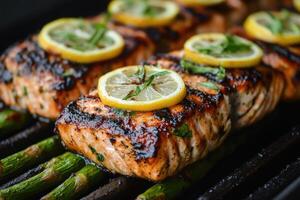 Grilled salmon steaks with lemon and herbs grilling on barbecue photo